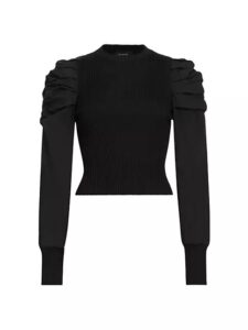 Mixed Media Rib-knit & Shell Puff Sleeve Top