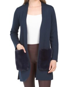 Wool Blend Erin Sweater Cardigan with Aux Fur Pockets