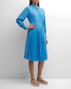 Pleated Long-sleeve Midi Shirtdress Size 4