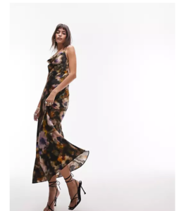 Cowl Neck Cami Slip Maxi Dress in Blurred Floral Print