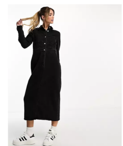 Denim Longline Midi Dress in Black