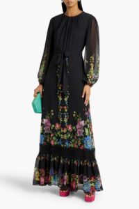 Lace-trimmed Floral-print Chiffon Maxi Dress