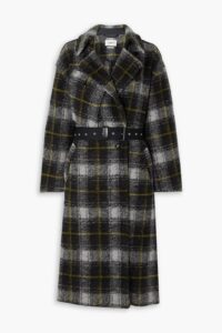 Belted Double-breasted Checked Wool-blend Coat