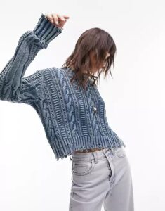 Topshop Knit Acid Wash Cropped Sweater in Blue