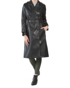 Faux Leather Double Breasted Belted Trench Coat