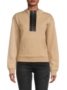 Faux Leather Trim Quarter Zip Sweatshirt