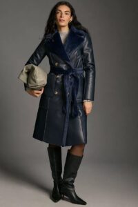 Faux Leather Furry Mix Belted Trench Coat