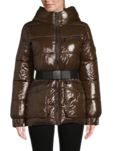 Glossy Belted & Hooded Puffer Jacket