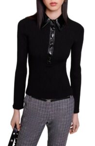 Faux Leather Accent Rib Polo Sweater