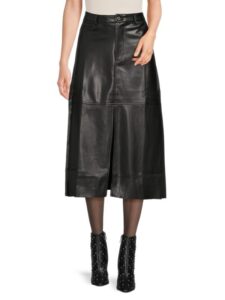 Front Slit Faux Leather Midi Skirt