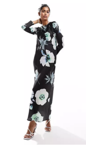 Satin Biased Maxi Dress with Button Detail in Black Based Floral Print