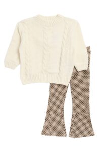 Chenille Cable Knit Sweater & Houndstooth Flare Pants Set