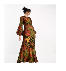 Tall Wrap Neck Long Sleeve Maxi Dress in Burnout Print