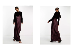 Satin Batwing Bias Cut Maxi Dress with Contrast Velvet Bodice in Burgundy