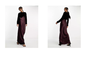 Satin Batwing Bias Cut Maxi Dress with Contrast Velvet Bodice in Burgundy