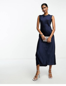 Satin Midi Dress in Navy