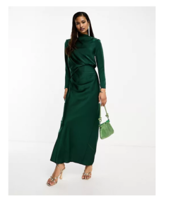 Satin Tuck Detail Maxi Dress with Ruched Detail in Forest Green