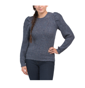 Puff Sleeve Pointelle Ribbed Pullover Sweater