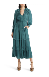 Long Sleeve Crinkle Satin Tiered Maxi Dress
