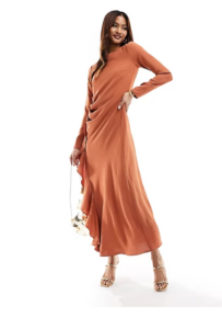 Ruched Waist Asymmetric Hem Maxi Dress in Rust