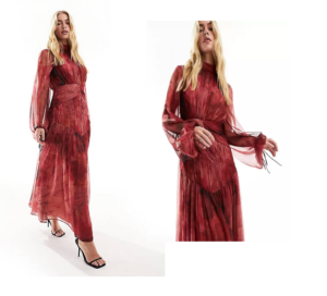 High Neck Ruched Chevron Detail Maxi Dress in Blurred Red Print