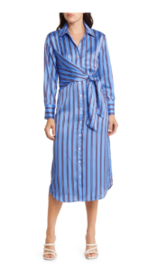 Lacey Stripe Tie Front Long Sleeve Sateen Shirtdress