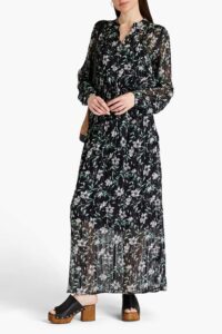 Calista Shirred Metallic Floral-print Chiffon Maxi Dress