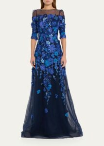 Floral-embroidered Puff-sleeve Tulle Gown