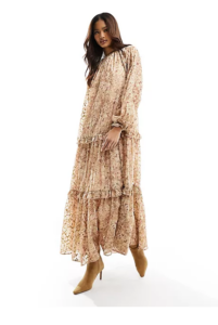 High Neck Smock Maxi Dress with Frill Detail in Metallic Floral