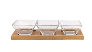 Hostess Set 4 Piece with 3 Glass Condiment or Dip Bowls on a Wood Tray