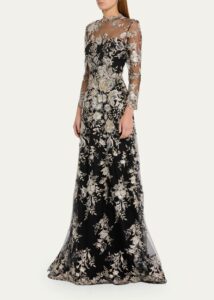 Floral-embroidered Mock-neck Tulle Gown