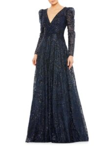 Puff Sleeve Sequin a Line Gown