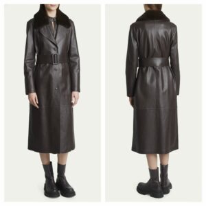 Belted Leather Trench Coat with Shearling Collar