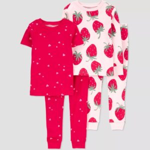 Toddler Girls' Strawberries & Heart Printed Pajama Set - Red/pink
