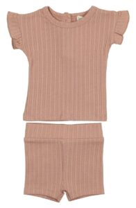 Rib Ruffle Sleeve Cotton Knit T-shirt & Shorts Set