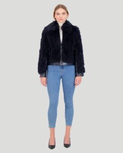 Shearling Lamb Bomber Jacket with Patent Leather Trim