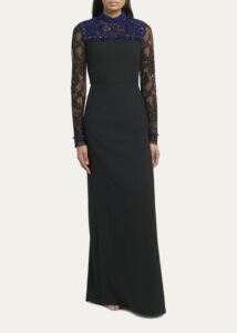 Beaded Lace Long-sleeve Column Gown