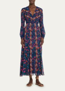 Annabel-b Floral Silk Puff-sleeve Midi Dress