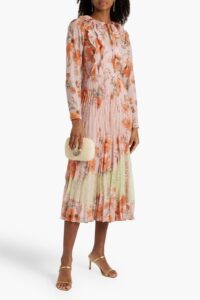 Corded Lace-paneled Floral-print Crepe De Chine Midi Dress