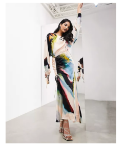 Long Sleeve Ruched Maxi Dress in Watercolor Smudge Print