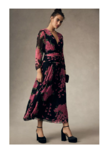 Long-sleeve V-neck Floral Midi Dress