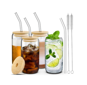 4 Glass Cups with Lids, Straws, and Brushes - 16 Oz Drinking Cup