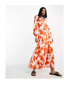 Maxi Shirt Dress in Bold Orange Floralp