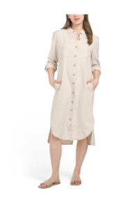 Three-quarter Sleeve Linen Blend Shirt Dress 44in