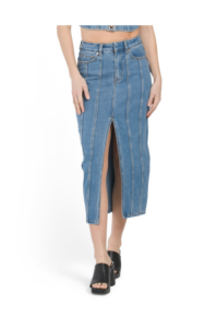 Denim Seamed Front Slit Midi Skirt