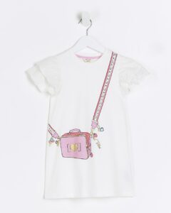 Mini Girls White Bag Graphic T-shirt Dress