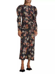 Amalie Gathered Floral Silk Midi-dress