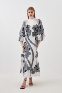 Applique Organdie Floral Graphic Woven Maxi Dress