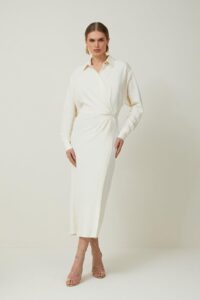 Viscose Crepe Long Sleeve Woven Midi Shirt Dress