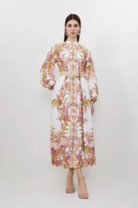 Mirrored Floral Viscose Linen Button Down Midi Dress